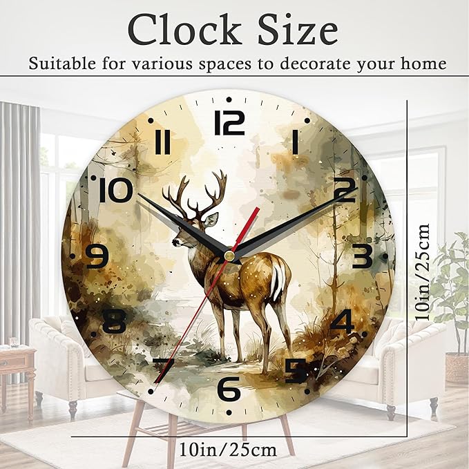 Wall Clock, 10 Inch Silent Non-Ticking Home Kitchen Decor, Battery Operated for Bathroom Bedroom Living Room Office(Forest Deer)