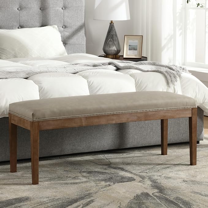 Upholstered Entryway Bench Modern Shoe Benches for Hallway Porch Bedroom Bench for End of Bed Dining Bench for Dining Table Dining Room Kitchen Window with Wood Legs, PU Leather, Grey