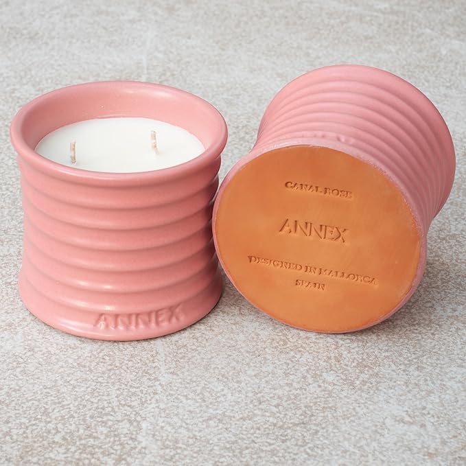 Scented Luxury Candles in Handmade Ceramic Jars, Soy Wax | Canal Rose – Rose Bud & Oud Scented, Large Candle | Non Toxic, 2 Wicks, Reusable Big Pink Jar | Natural Spring Aromatherapy for Women & Men
