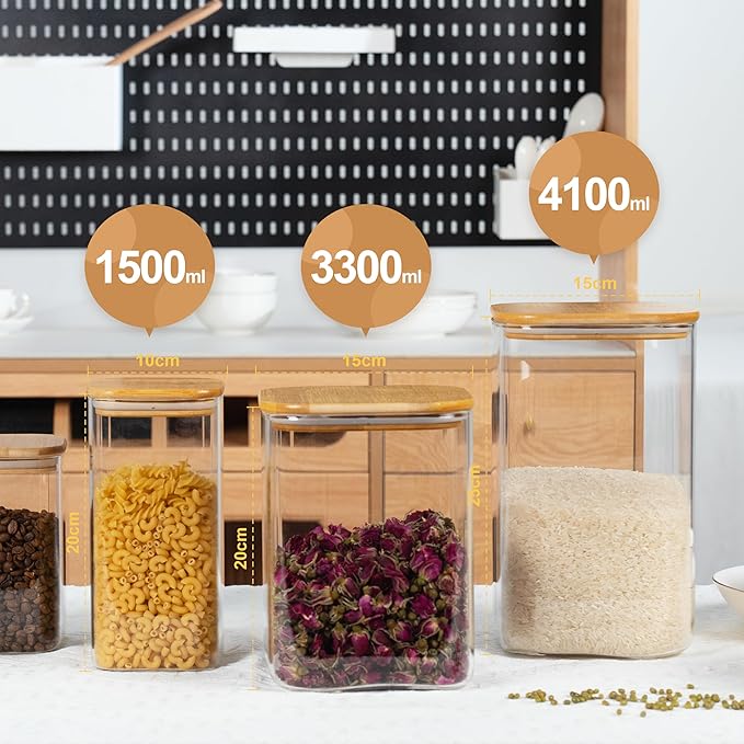 156oz 52oz Airtight Glass Square Storage Canister with Bamboo Lid Set of 2(4600ml*1 1550ml*1) Large Gallon Glass Jars for Sugar, Flour, Cookies and Coffee beans (with Black Lable)