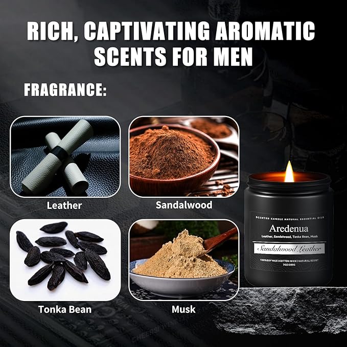 Sandalwood Leather Candle, Manly Candles for Home Scented, Masculine Aromatherapy Gifts for Men - 7oz Soy Candle, 50 Hours Burn Time, Perfect for Relaxing Home Fragrance