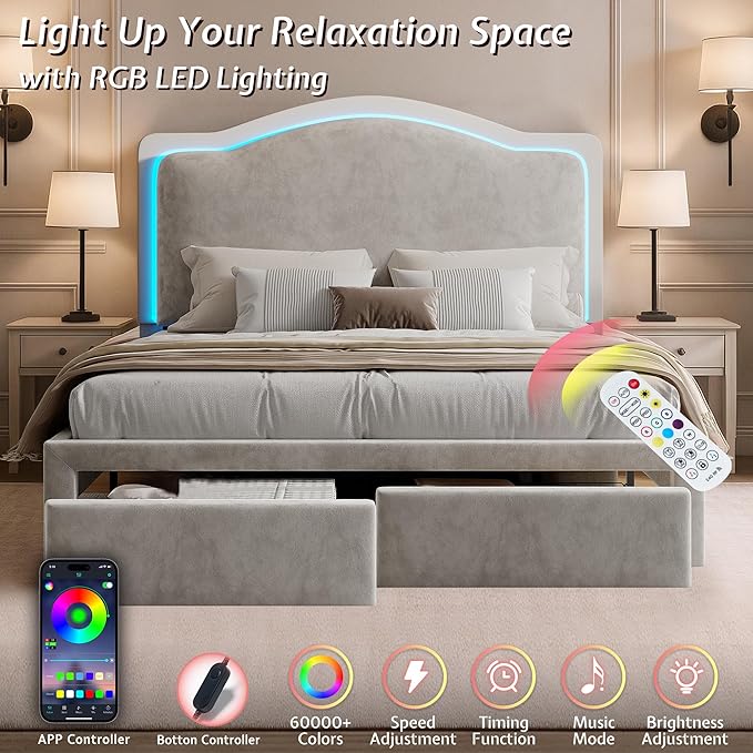 Jocisland Full Bed Frame with 51" Tall & Thick Adjustable Headboard, Storage Drawers, RGB LED Lights, No Box Spring Needed, Velvet Upholstered, Grey