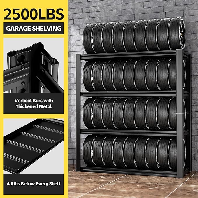 4-Tier Garage Shelving Unit - 40" W x 20" D x 60" H, 2500LBS Metal Industrial Storage Rack, Adjustable Heavy Duty Shelves for Garage (Black)