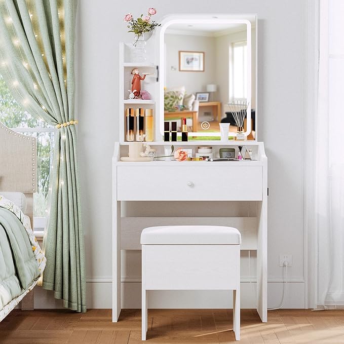 LIKIMIO Small Makeup Vanity Desk with Mirror and Lights, Vanity Table Set with Storage Drawer, Chair and Three Shelves, Bedroom, White