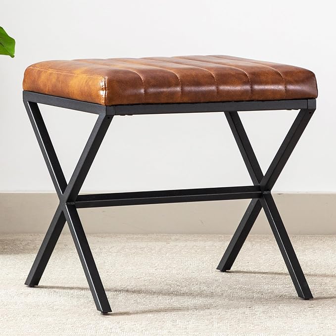 DUHOME Vanity Stool,Faux Leather Ottoman Chair for Vanity,Small Vanity Bench with Metal X Legs, Rectangle Vanity Seat Foot Rest Stool for Dressing Room, Living Room, Bathroom,Yellowish Brown