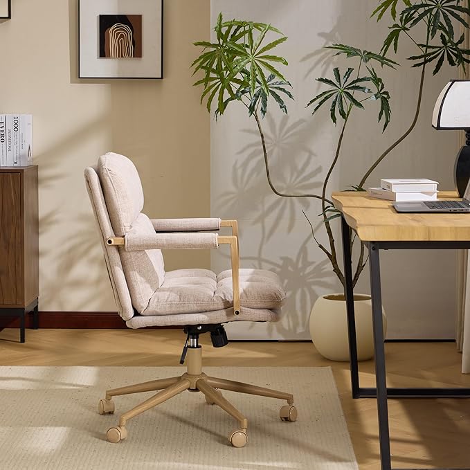 VINGLI Comfy Linen Office Desk Chair with Wheels & Detachable Cushions & Wood-Like Armrests,Swivel Small Computer Task Chair,Adjustable for Girl Makeup Vanity,Teen/Kids Study,Nail Tech,Sewing,Khaki