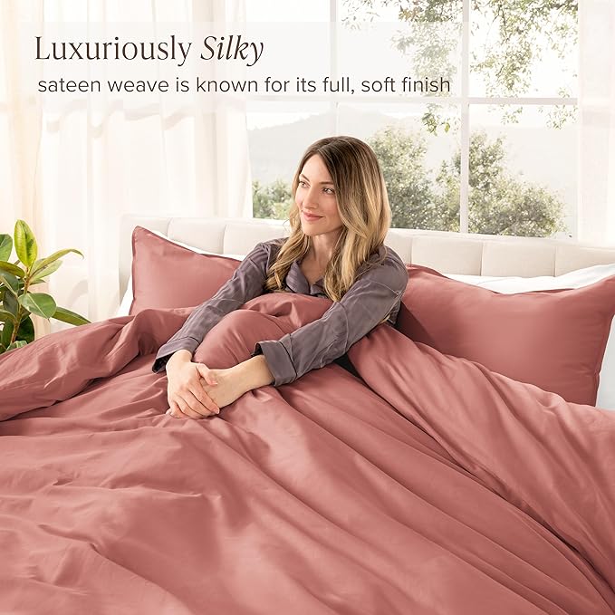 Bare Home 100% Organic Cotton Sateen Duvet Cover Set - Twin/Twin Extra Long - 400 Thread Count - Smooth Sateen Weave - Warm & Luxurious - Duvet Cover (Twin/Twin XL, Dusty Rose)
