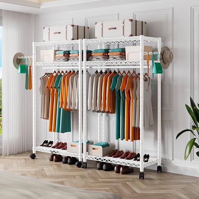 PUNION Heavy Duty Rolling Garment Rack,Portable Clothes Rack for Hanging Clothes,Clothing Rack,Wardrobe Storage Rack with 3 Shelves,1 Hang Rod,1 Side Hook,36" Lx18 Wx71 H, Max Load 500LBS, White,GR1