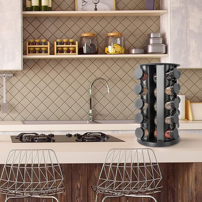 Black Countertop Rotating Spice Rack, Round Empty 20-Jars Revolving Spice Rack Organizer, 135 Spice Labels with Funnel Complete Set, for Kitchen Countertop, Cabinet