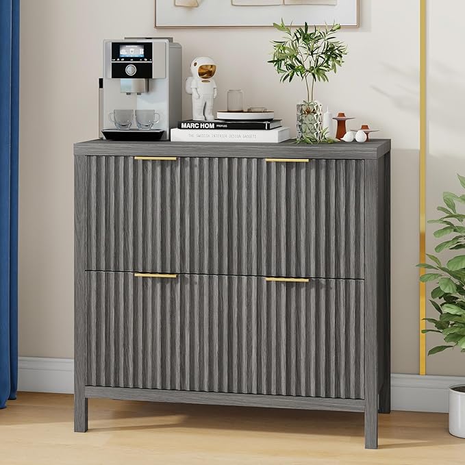 2-Drawer Fluted File Cabinet, Lateral Filing Cabinet for Home Office Printer Stand for A4 Letter Legal Size Documents