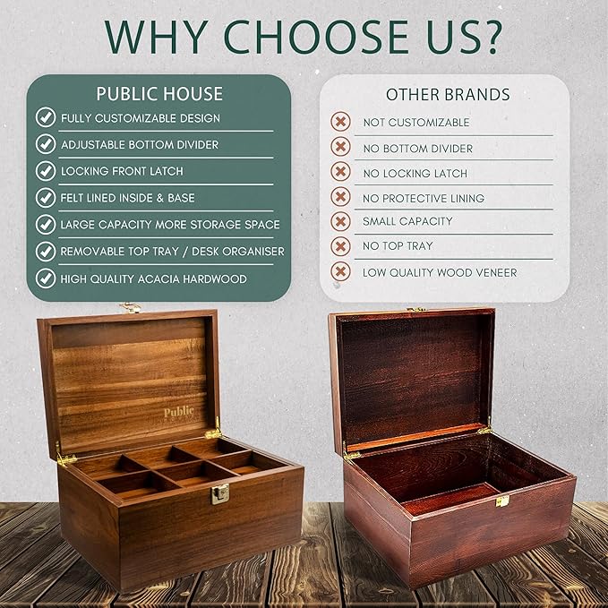 Public House Locking Wooden Keepsake Box, Customizable Design With Adjustable Tray. Large Wooden Box with Hinged Lid for Wedding and Memory Keepsakes