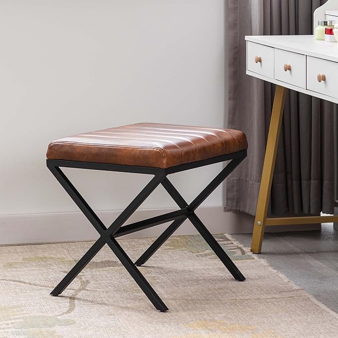 DUHOME Vanity Stool,Faux Leather Ottoman Chair for Vanity,Small Vanity Bench with Metal X Legs, Rectangle Vanity Seat Foot Rest Stool for Dressing Room, Living Room, Bathroom,Yellowish Brown