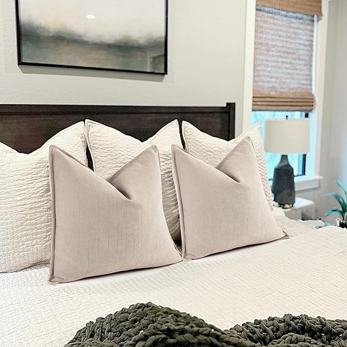 ZWJD Beige Pillow Covers 26x26 Set of 2 Chenille Throw Pillow Covers with Elegant Design Soft and Luxurious Decorative Throw Pillows for Couch, Bed, and Home Decor