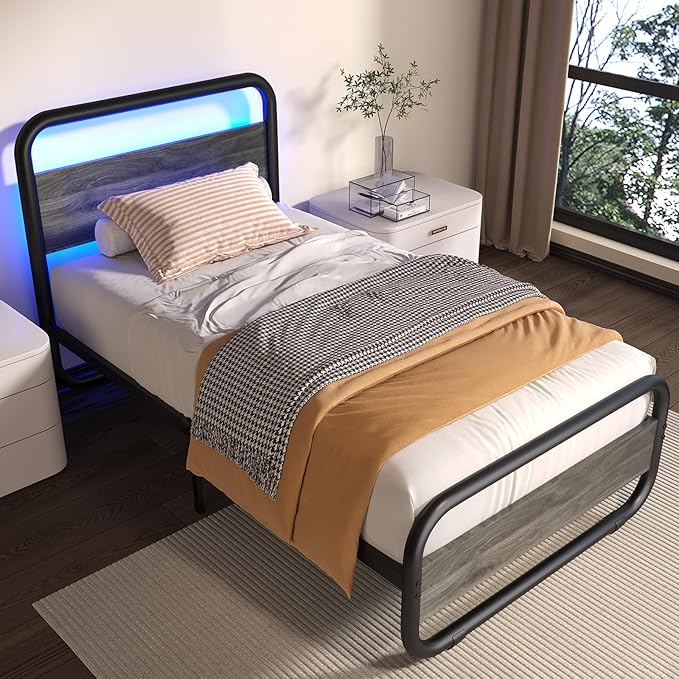 Catrimown Twin Size Bed Frame with LED Light and Wood Headboard, Heavy Duty Metal Rustic Platform Bed Frame with Under Bed Storage, Noise Free, No Box Spring Needed, Wash Gray