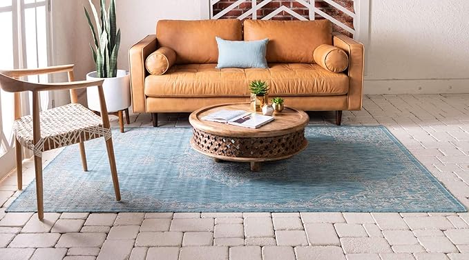 Unique Loom Outdoor Traditional Collection Area Rug - Antique (5' 1" x 8' Rectangle, Light Aqua/ Gray)