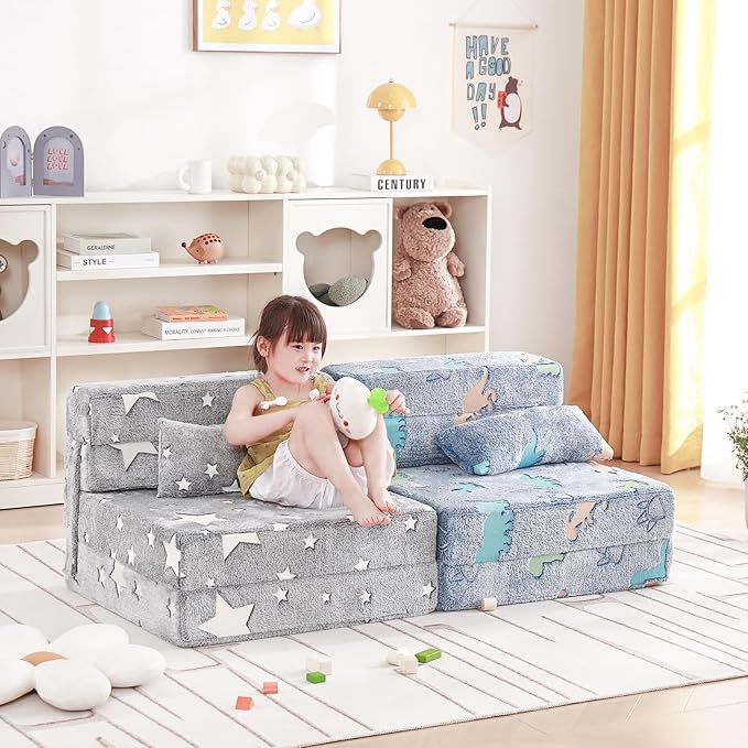 Folding Sofa Bed Floor Mattress for Kids with Pillow, Toddler Folding Floor Nap Mat for Sleeping, Child Fold Up Sofa Futon Folding Floor Lounger Chair Bed with Storage Bag