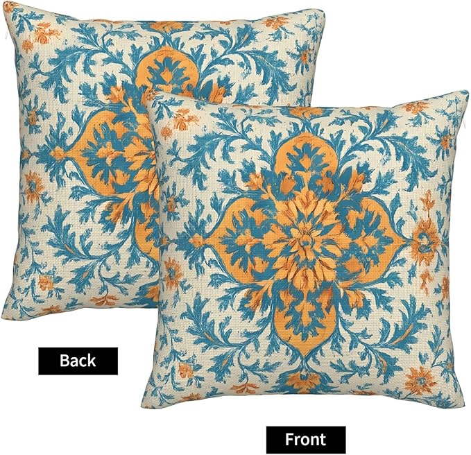 Blue Orange Boho Pillow Covers 20x20 Inch Set of 2 Ethnic Carpet Pattern Floral Outdoor Decorative Throw Pillows Fall Vintage Cushion Covers for Sofa Bed Couch Living Room Decor