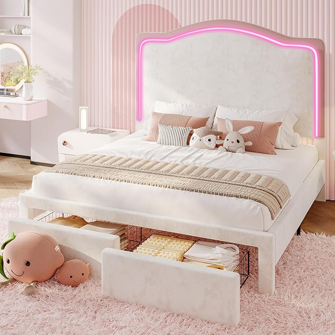 Jocisland Full Bed Frame with 51" Tall & Thick Adjustable Headboard, Storage Drawers, RGB LED Lights, No Box Spring Needed, Velvet Upholstered, Cream