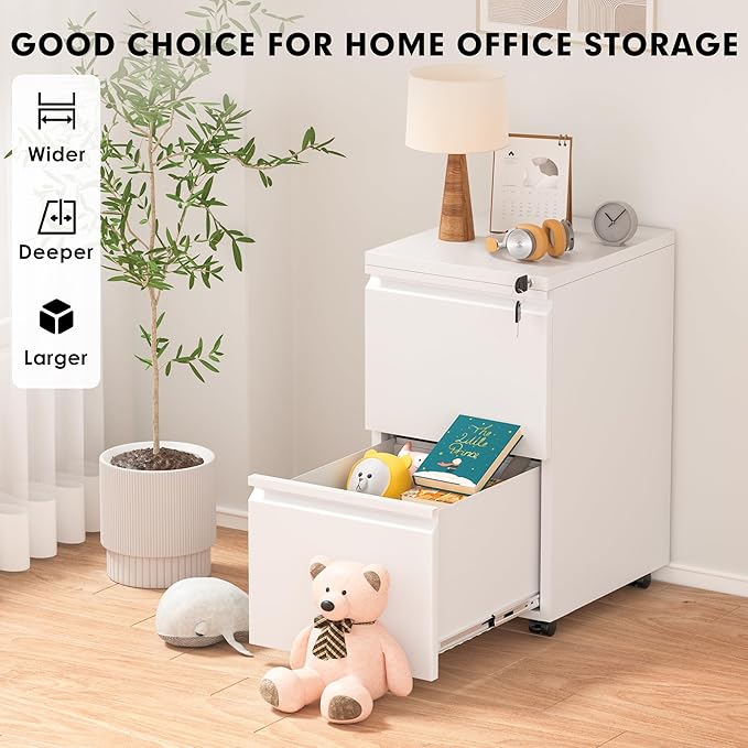 Greenvelly 2 Drawer Mobile File Cabinet with Lock, Metal Filing Cabinet on Wheels, Under Desk File Cabinet for Home Office Organizer Letter/Legal/A4 File (Assembly Required, White)