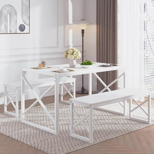 VECELO Kitchen Dining Table Set for 4 to 6, 55" Wood Dinette 2 Benches with Metal Frame for Dinner Breakfast Nook and Small Space, White