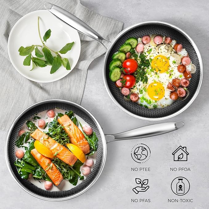 12 inches Frying Pan Nonstick Deep Sauté Pan and Lid, Non Stick Stainless Steel Pan Dishwasher and Oven-Safe, Compatible with All Cooktops