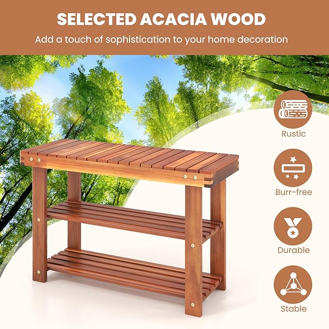 Tangkula Acacia Wood Shoe Rack Bench, 3 Tier Sturdy Storage Organizer, Holds up to 180lbs for Entryway Bedroom Living Room Balcony, Teak Color (27.5-inch)