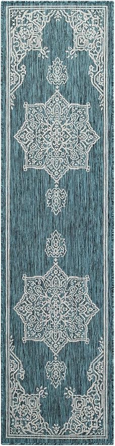 Unique Loom Outdoor Traditional Collection Area Rug - Antique (2' x 8' Runner Teal/Ivory)