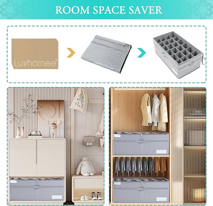 LUVHOMEE Shoe Organizer for Closet, Fits 24 Pairs, Large Shoe Box Storage Containers, Clear Foldable Shoe Storage Bins w/Bottom Support, Space Saving Closet Shoes Holder w/Reinforced Handles, Gray