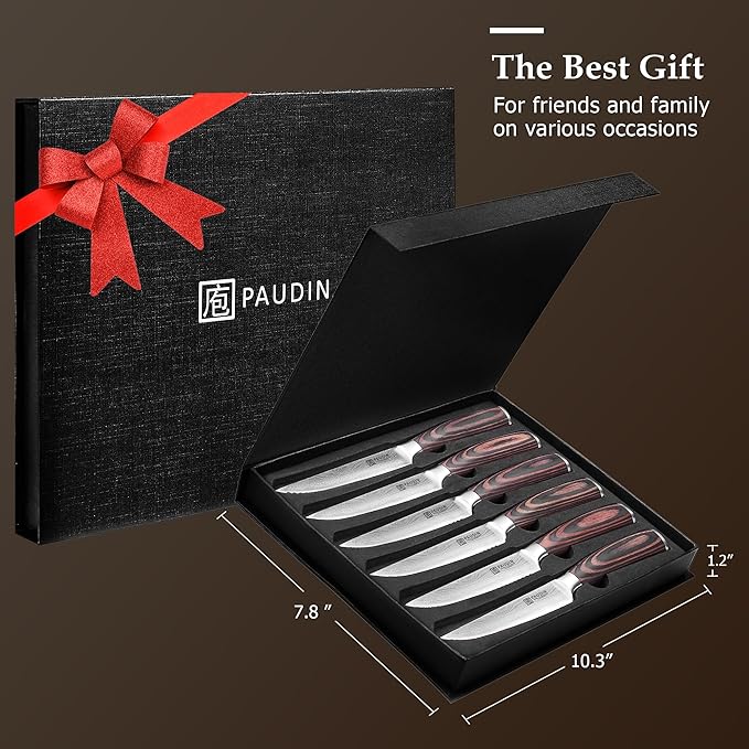 PAUDIN Steak Knives Set of 6, Kitchen Steak Knife 4.5 Inch, High Carbon Stainless Steel Steak Knives, Serrated Steak Knife with Pakkawood Handle, Dinner Knives with Gift Box