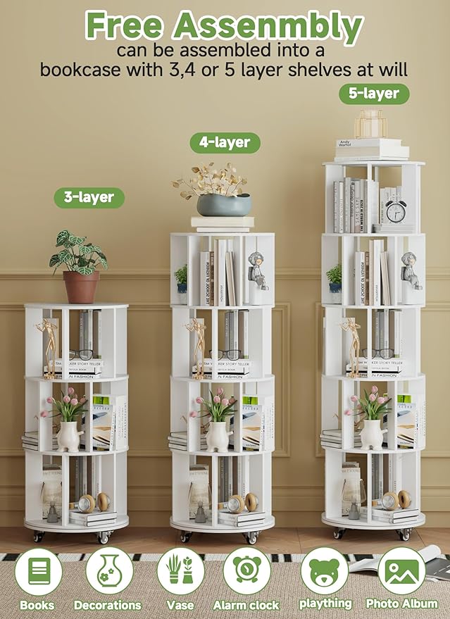 Baoz 5-Tier Rotating Bookshelf Tower, 360° Display Stackable Spinning Bookshelf with Wheels, Floor Standing Corner Revolving Bookcase, Rotating Book Shelf for Kids Rooms, Living Room, Bedroom - White