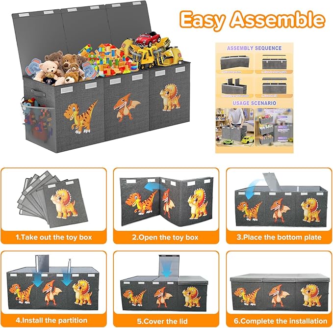 Extra Large Toy Box Chest, Collapsible Sturdy Toy Storage Organizer Boxes Bins Baskets Dinosaur Kids Toy Chest Bin with Lids for Boys Girls Living Room Playroom Bedroom Nursery 41"x14"x16" Gray