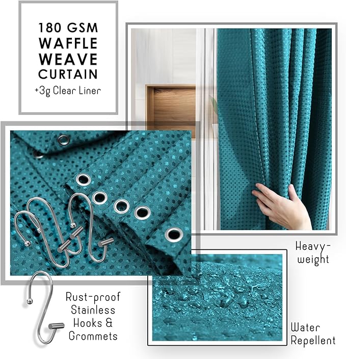 Shower Caddy and Bathroom Accessories Set, 25PC Bathroom Accessory Set with Shower Shelf Caddy for Bathroom Storage, Teal Shower Curtain Set, Toilet Brush, Trash Can, Soap Dispenser, Toothbrush holder