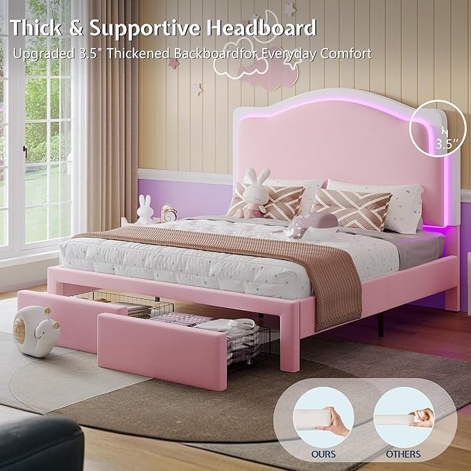 Jocisland Queen Bed Frame with Storage Drawers, 51" Adjustable Velvet Headboard, RGB LED Lights, Upholstered Platform Bed, Modern Bed for Teens, Guest Room, No Box Spring Needed, Pink