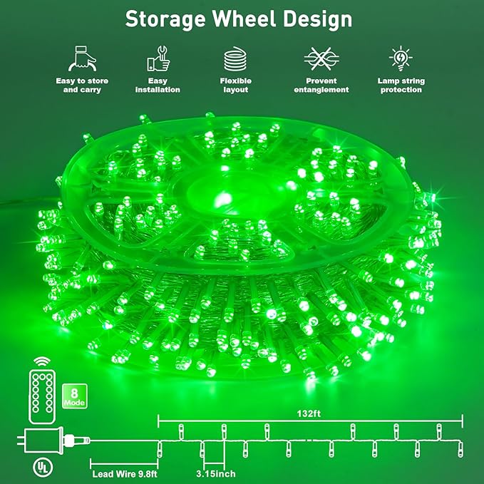 JMEXSUSS 400 LED Green Halloween Lights, 132ft Green String Lights Outdoor Waterproof, 8 Modes LED Christmas Light for Tree House Fireplace Party Halloween Decoration