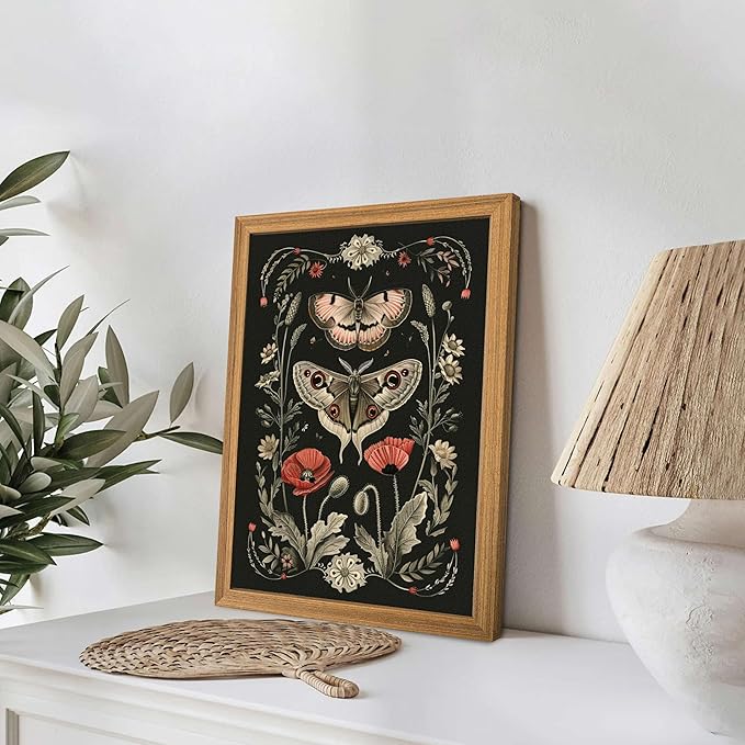 Vintage Framed Wall Art - 3D Textured Classical Style Moth Pictures Wall Decor - Hand Drawn Flowers Nature Art Painting for Living Room Bedroom Home Decor 8x10in