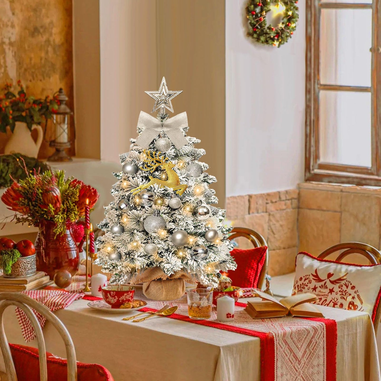 Mini Christmas Tree-with Lights,2ft Small Flocked Christmas Tree with 24pcs DIY Decorations,Small Flocked with LED Lights for Holiday Indoor DIY Decor