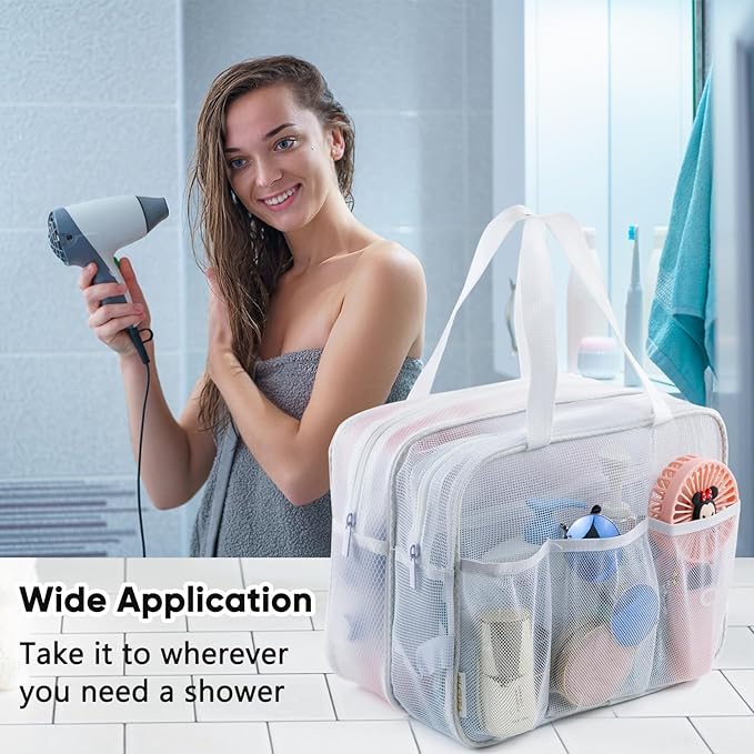 Large Mesh Shower Caddy with Wet & Dry Zones – Portable Hanging Toiletry Bag for College Dorm Room Essentials, Travel, Gym, Camping, Beach Tote Bag – Quick-Dry Shower Tote Organizer