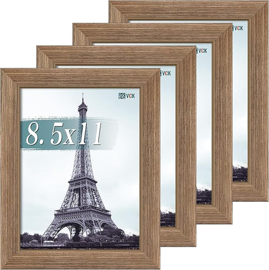 VCK 8.5x11 Picture Frame Set of 4 - Walnut, Gallery-Quality Wood Poster Frames, 1.1-Inch Wide Border, Polished Plexiglass, Vertical or Horizontal Wall & Tabletop Display for Photo/Art/Prints, Walnut
