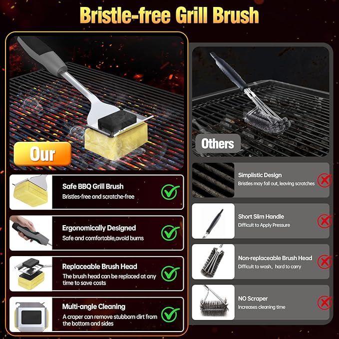 Grill Brush Bristle Free for Outdoor Grill, Steam Grill Cleaning Brush Replaceable BBQ Cleaner Brush Head,Extended Handle, Safe Grill Brush with Scraper for Cast Iron Stainless-Steel Grates,Black