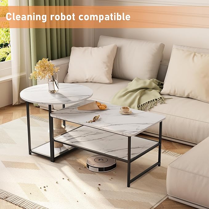 WOHOMO 48IN Faux Marble Wood Coffee Table with Adjustable Shelf, White Nesting Tables Set of 2, Small Coffee Tables for Living Room