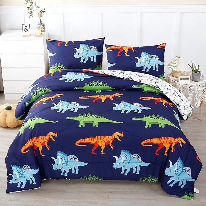 RYNGHIPY Cartoon Dinosaur Comforter Set, Dark Blue Dinosaur Kids Bedding Set for Boys, Dinosaurs Print Comforter Sets for Kids/Toddlers/Teens (Dinosaur,Full)