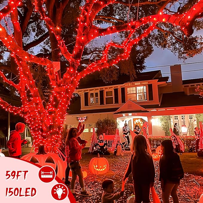 JMEXSUSS 150 LED Red String Lights Indoor Outdoor Waterproof, Connectable 59 Ft Halloween String Lights Plug in, 8 Modes Christmas Tree Light for Bedroom, Patio, Party, Halloween,Christmas Decorations