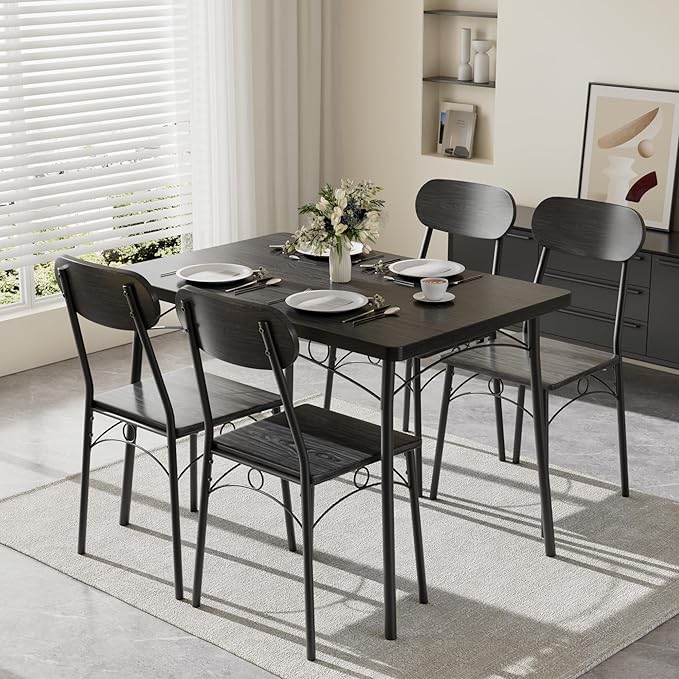 VECELO Dining Table Set for 4, 5-Piece Kitchen Table with 4 Chairs, MDF Board Tabletop with Metal Frame for Small Space, Compact Dinette, Breakfast Nook, Black