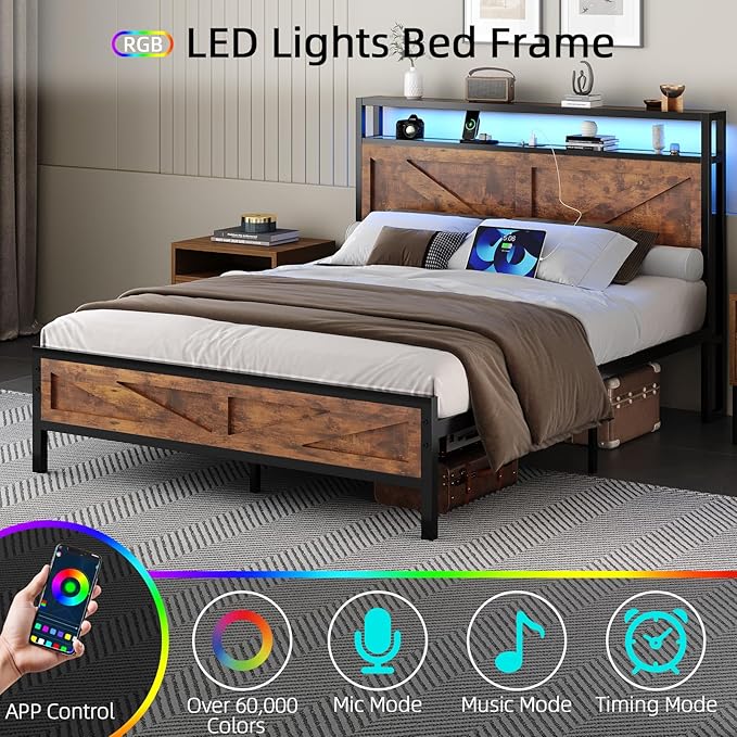 Full Size Bed Frame with LED Lights and Charging Station, Metal Platform Bed Frame Full with Storage and Rustic Barn Door Headboard, Noise Free, No Box Spring Needed, Easy Assembly, Rustic Brown