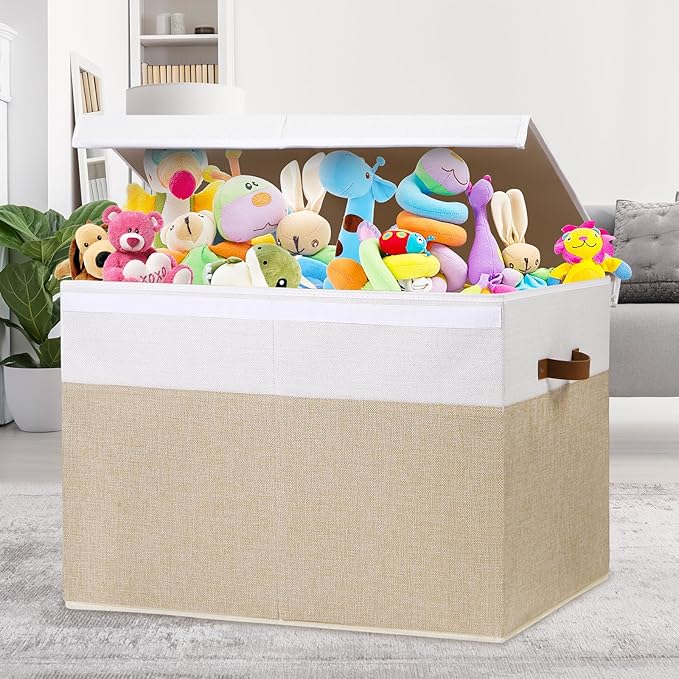 Large Toy Storage Box with Lid, Sturdy Toys Storage Chest Bin Organizer Basket with Dividers for Kids, Boys, Girls, Nursery, Closet, Bedroom, Playroom 26"x17" x17" (Beige and White)