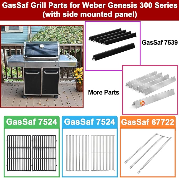 GasSaf 7539 for Weber Genesis Flavorizer Bars 24.5", SUS304 Bars for Genesis 300 Grill Parts, E-310 E-320 S-310 S-320, EP/CEP 310 & 320 Gas Grills(Side-Knob 2007-2010), Heat Plates for Weber 7540