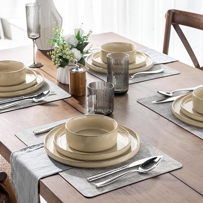 GBHOME Ceramic Dinnerware Sets for 4, 12 Pieces Stoneware Plates and Bowls Sets, Reactive Glaze Dishes -Scratch Resistant, Dishwasher&Microwave Safe-Warm Sand