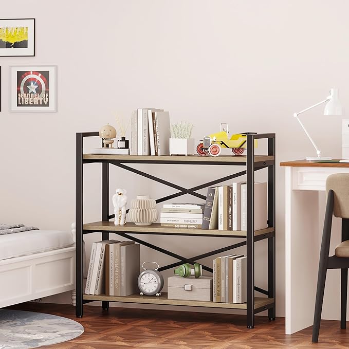 Homeiju 3 Tier Bookshelf 31.49" Width, Wood and Metal Etagere Bookcase, Vintage Farmhouse Modern Wooden Big Book Shelf for Home Living Room Bedroom Office Storage(Light Coffee)