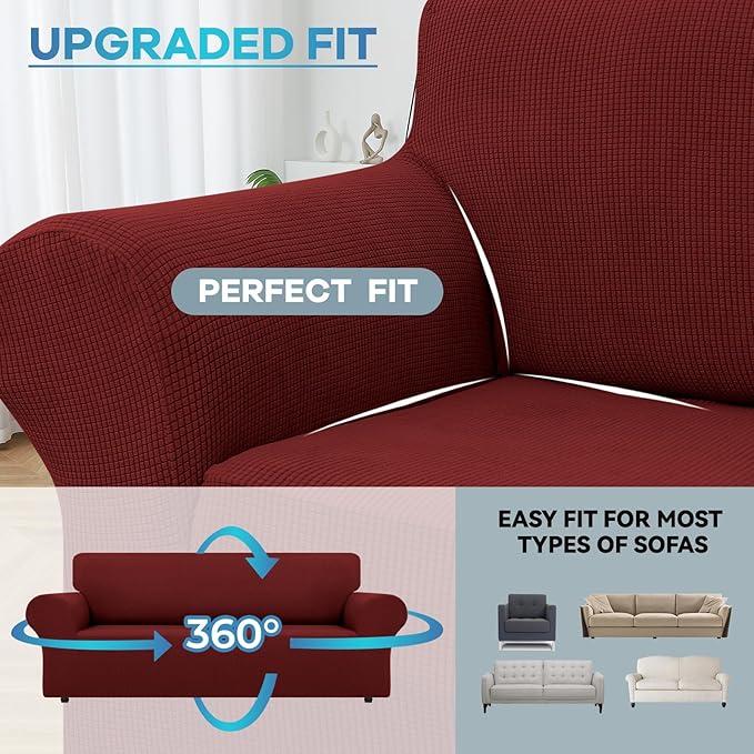 LURKA Stretch Sofa Slipcovers 1 Piece Couch Covers for 3 Cushion Couch Sofa Furniture Protector Full Sofa Covers with Elastic Bottom for Kids and Dog (Large, Dark Red)