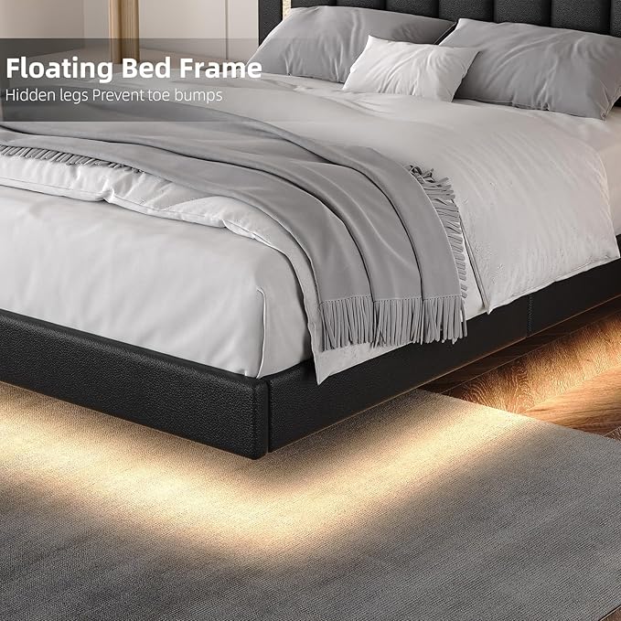 HOMBCK Floating Bed Frame Queen with Smart LED Lights, Faux Leather Upholstered Bed Frame Queen with Diamond Headboard, No Box Spring Needed, Noise Free, Easy Assembly, Black